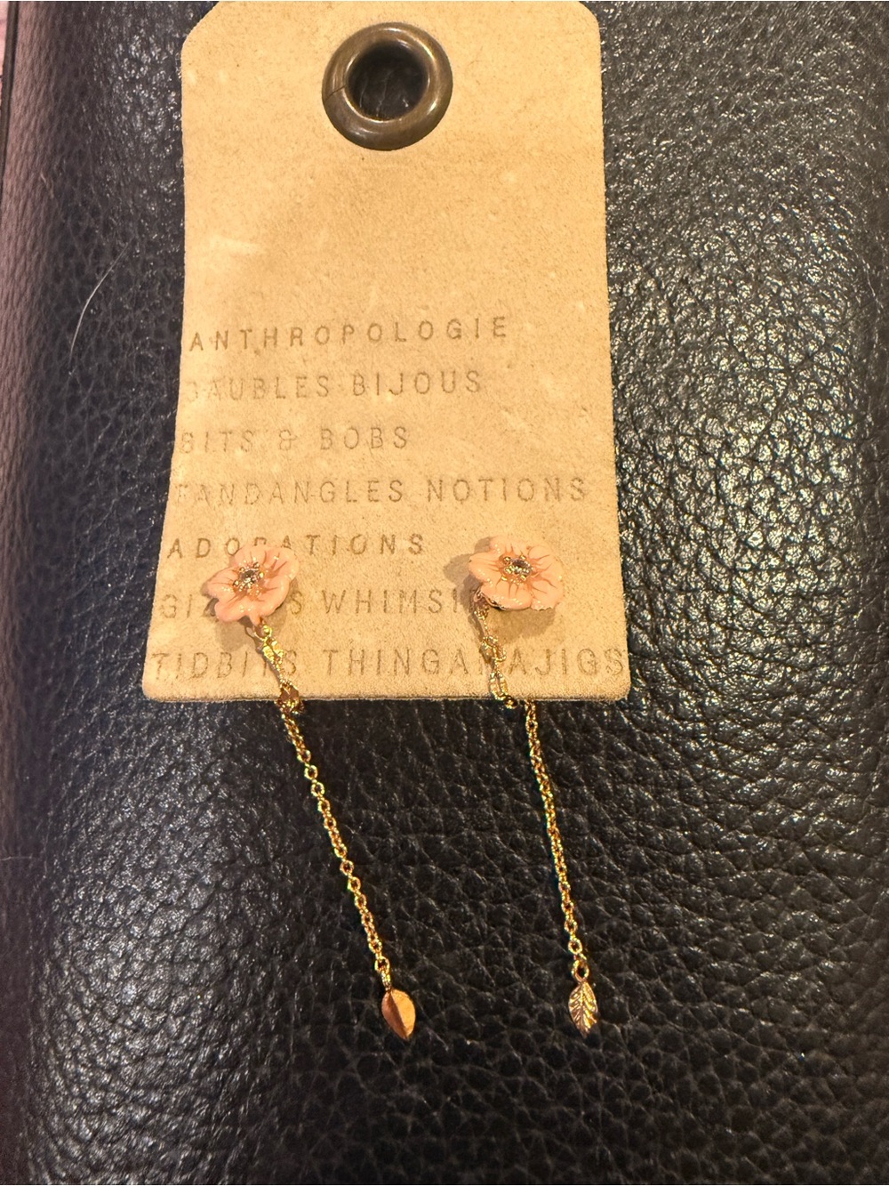 Anthropologie Peach Floral Drop Earrings with Gold Chains